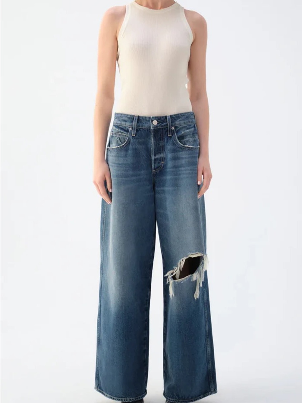 AMO Indira Jeans in Faded Blue Mid Weight 100% Cotton, Knee Distressing